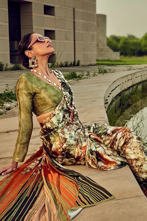 Satin Crepe Digital Printed Multi Color Beautyful Saree Collection