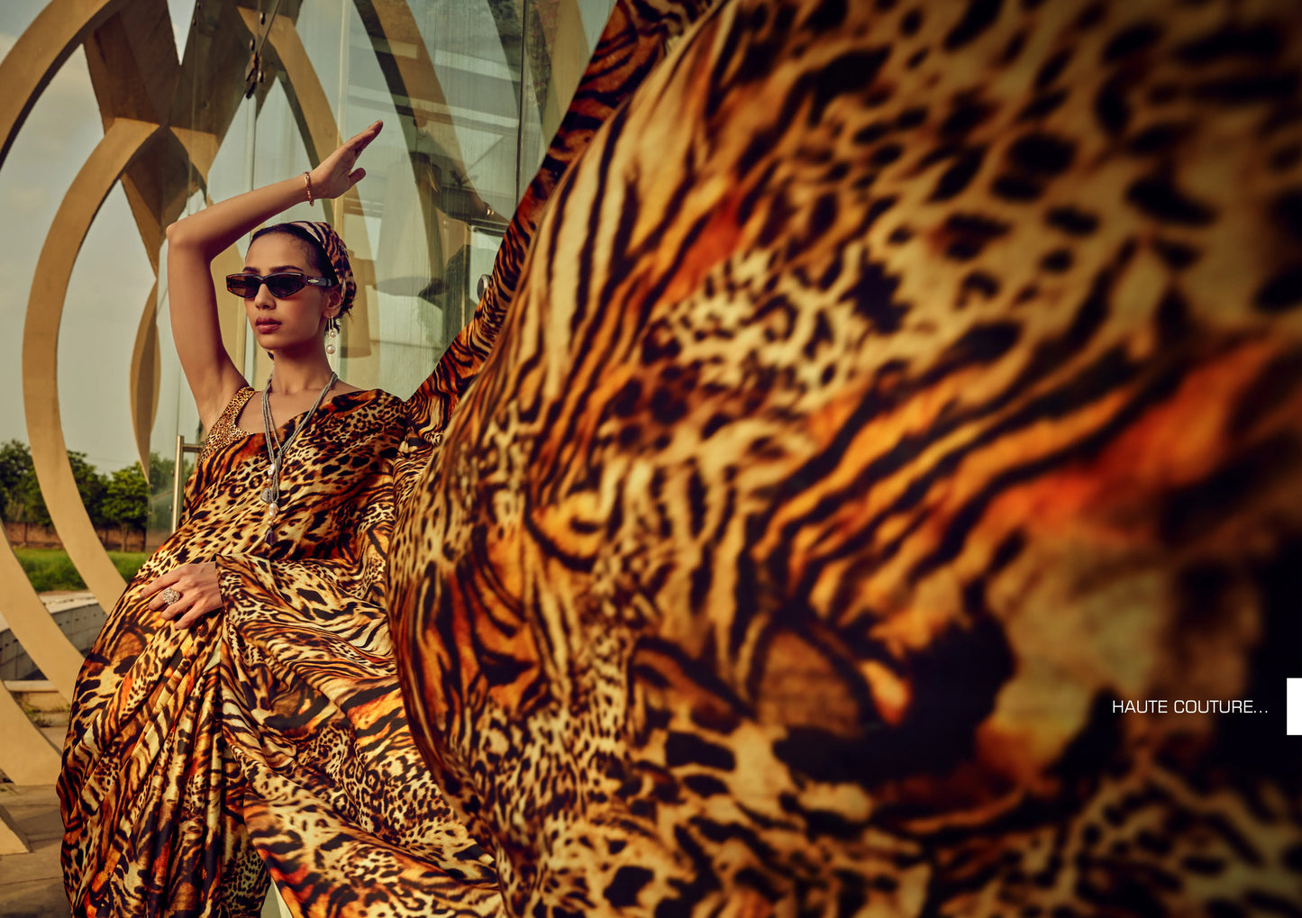 Satin Crepe Exclusive Tiger Russet Brown Digital Printed Saree Collection