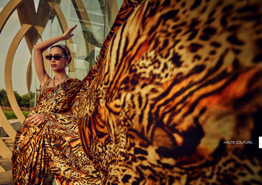 Satin Crepe Exclusive Tiger Russet Brown Digital Printed Saree Collection