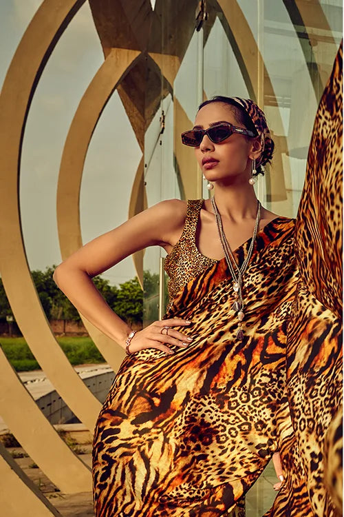 Satin Crepe Exclusive Tiger Russet Brown Digital Printed Saree Collection