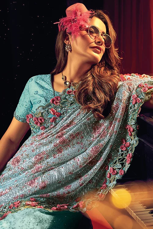 Sea-Green Digital Net With Sequins Thread Work Designer Saree