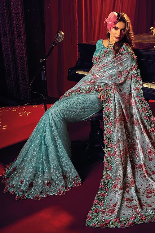 Sea-Green Digital Net With Sequins Thread Work Designer Saree