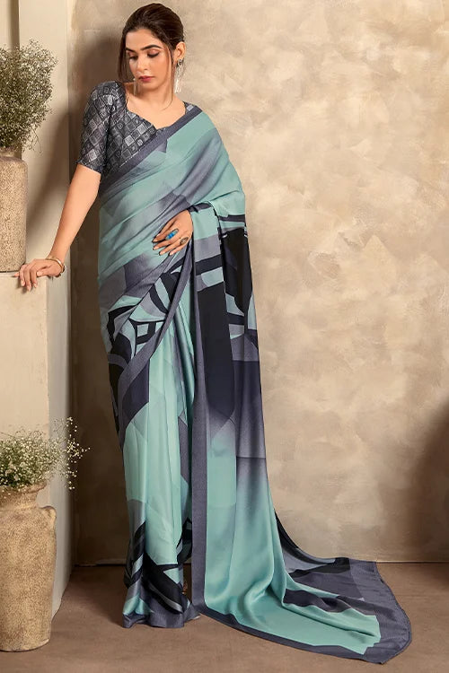 Digital Printed Satin Silk Green Sari With Blouse At Shubhkala
