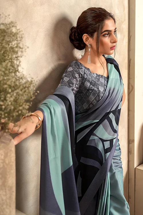 Digital Printed Satin Silk Green Sari With Blouse At Shubhkala