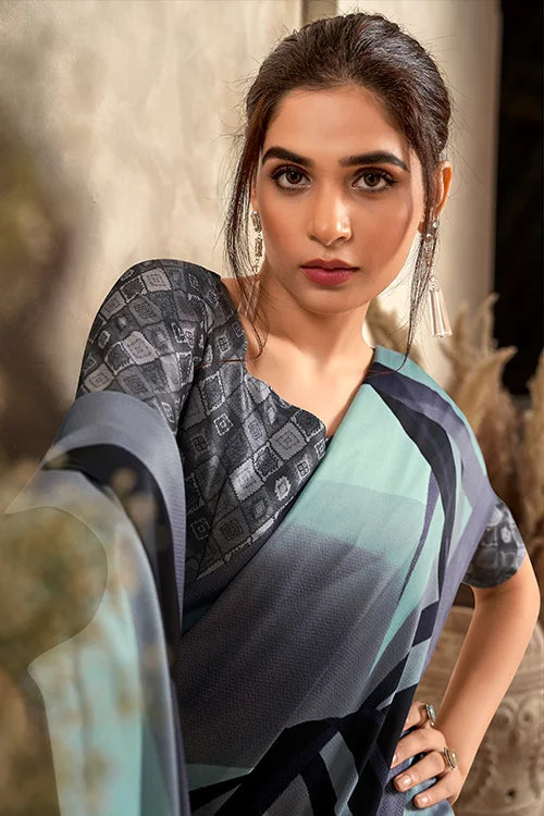 Digital Printed Satin Silk Green Sari With Blouse At Shubhkala