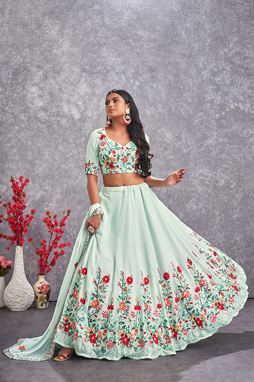 Sea Green Georgette Sequins Lehenga Choli Set