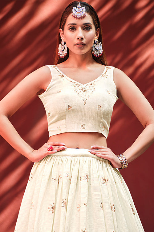 Beige Chiffon Embroidered Work Lehenga Choli with Jacket