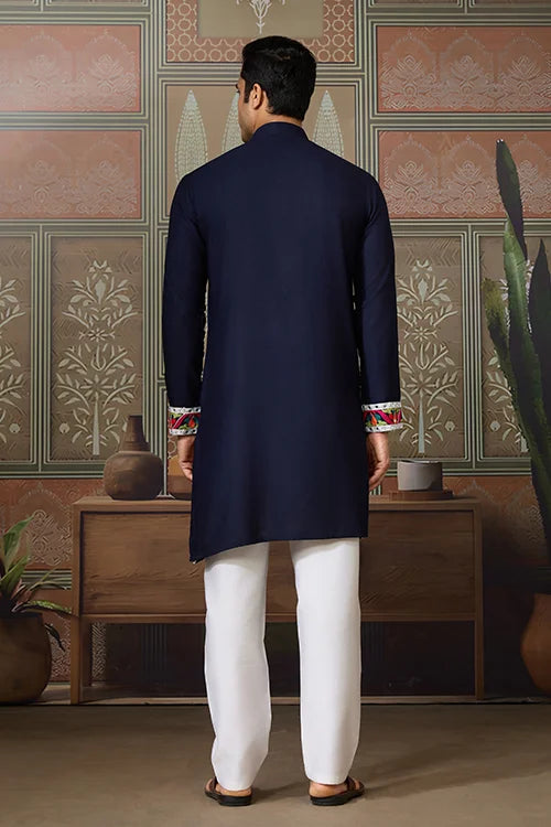 Navy Blue Embroidered Festival Wear Kurta for Men