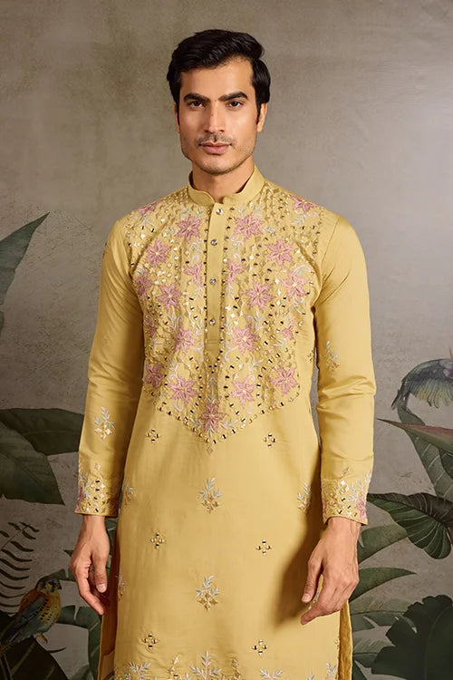 Haldi Special Outfit Mirror Work Mens Kurta Set