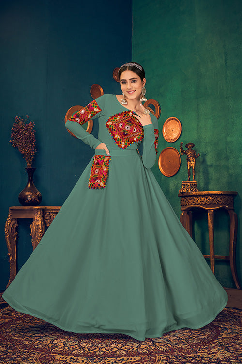 Georgette Embroidered Mirror Work Gown for Women