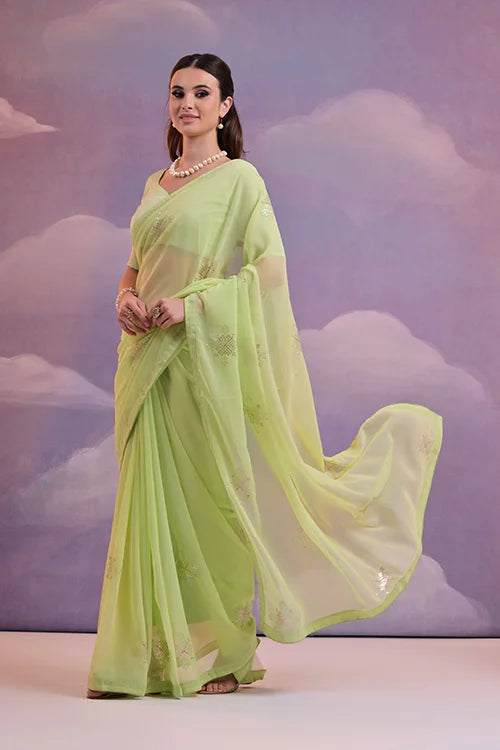 Stylish Floral Embroidered Saree in Parrot Green