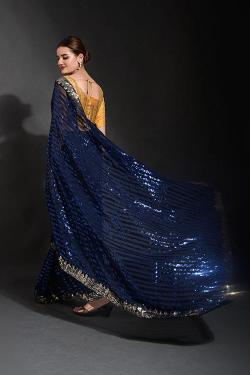 Beautiful Blue Georgette Saree with Embroidery Lace Border