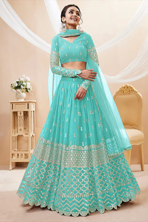 Sky Blue Georgette Embroidered Wedding Lehenga Choli