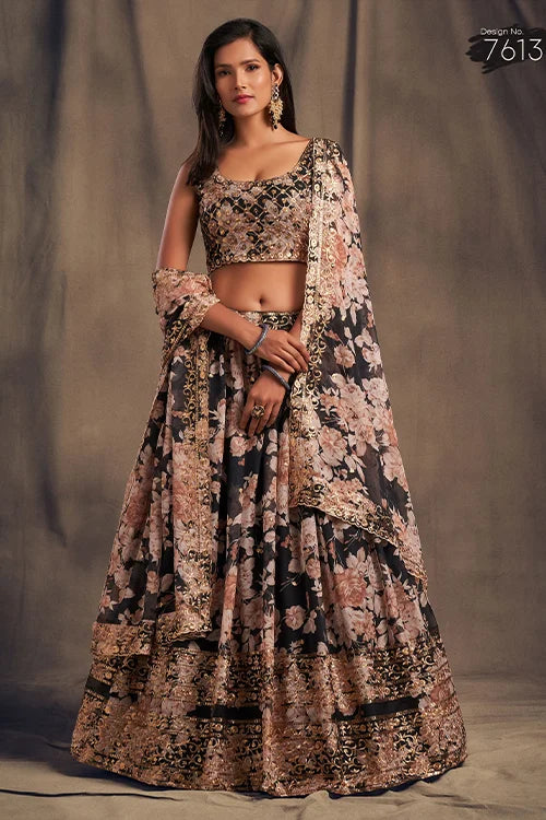Sequins Embroidery Work Lehenga Choli With Dupatta Black Colour