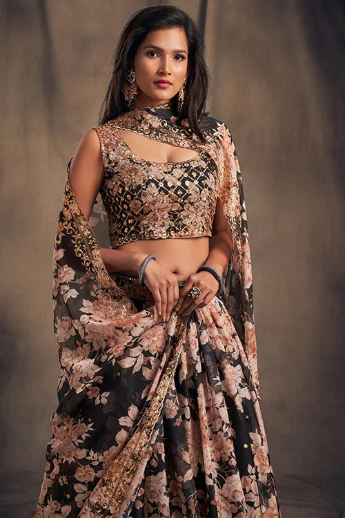Sequins Embroidery Work Lehenga Choli With Dupatta Black Colour