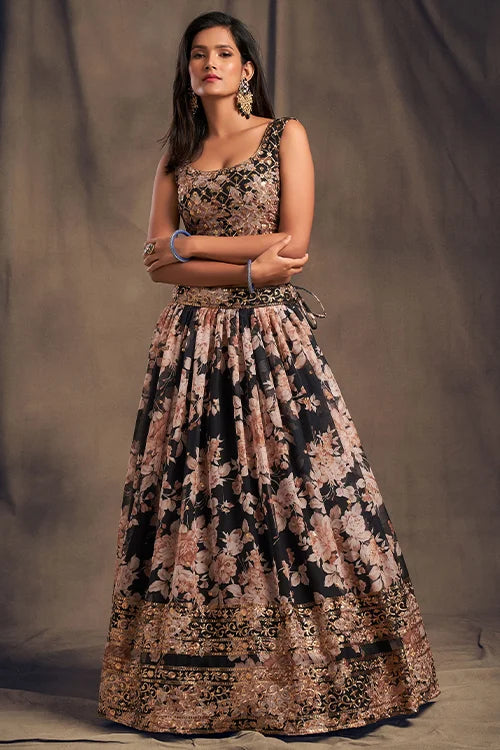 Sequins Embroidery Work Lehenga Choli With Dupatta Black Colour