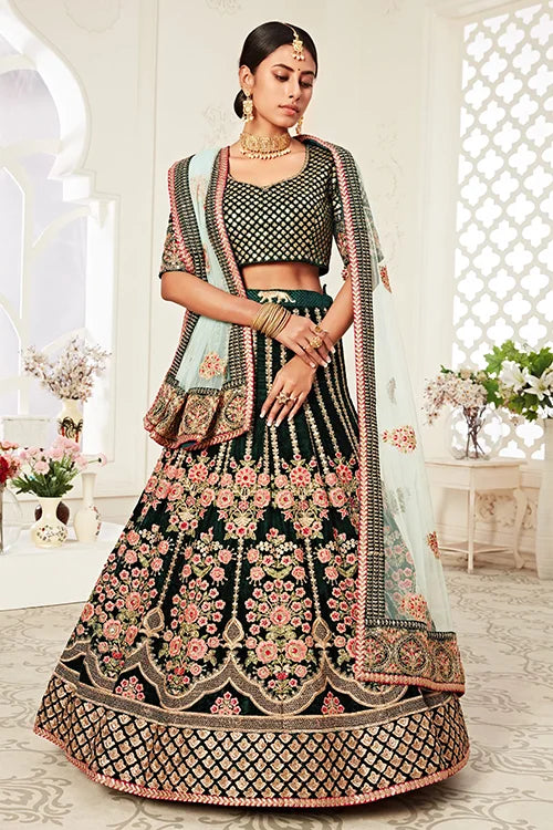 Sequins Embroidery Work Lehenga Choli With Dupatta Green Colour