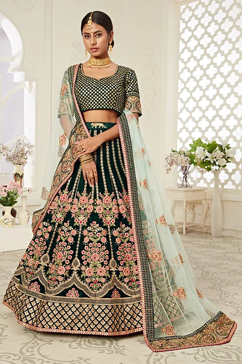 Sequins Embroidery Work Lehenga Choli With Dupatta Green Colour
