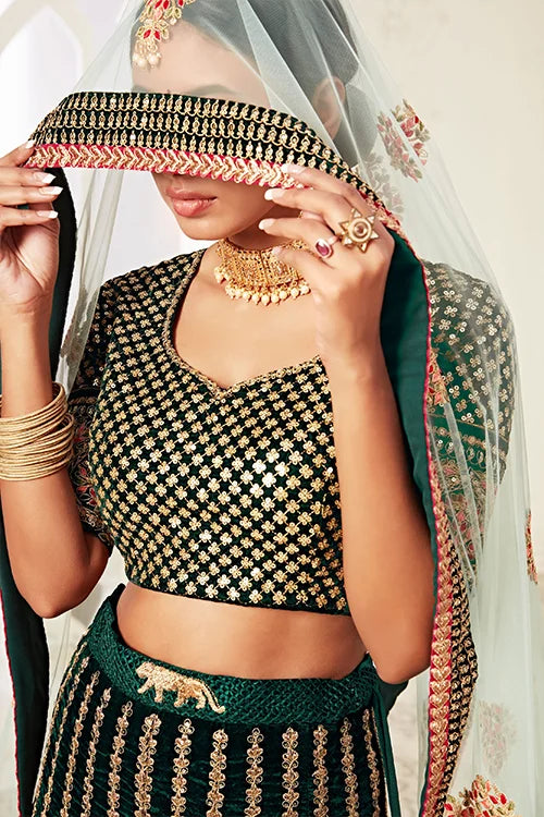 Sequins Embroidery Work Lehenga Choli With Dupatta Green Colour