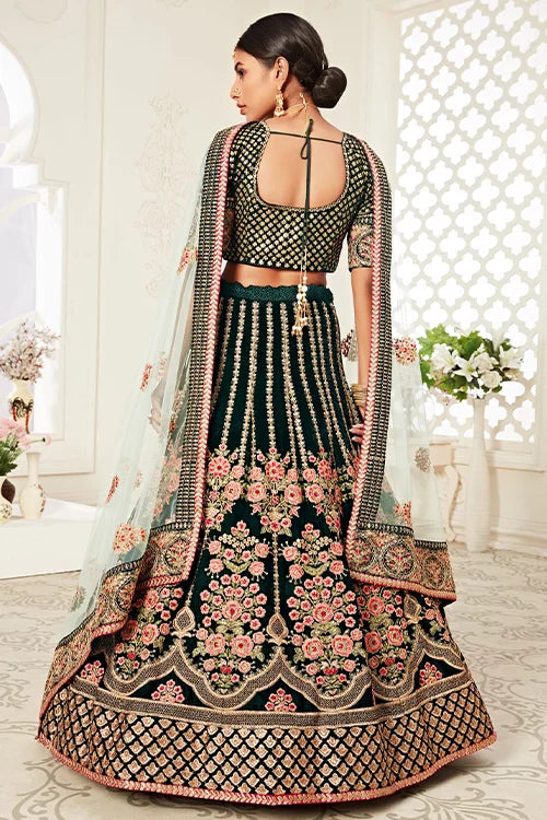Sequins Embroidery Work Lehenga Choli With Dupatta Green Colour