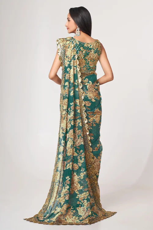 Sequins Embroidery Work Saree Teal Blue Colour