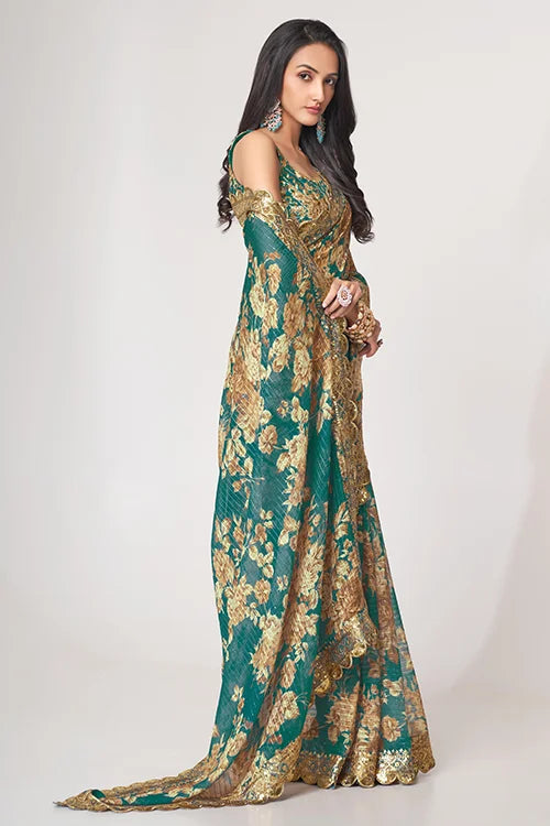 Sequins Embroidery Work Saree Teal Blue Colour