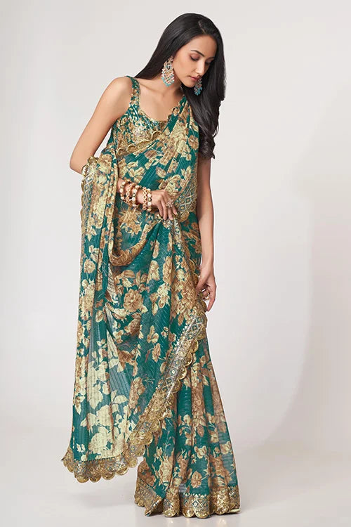 Sequins Embroidery Work Saree Teal Blue Colour