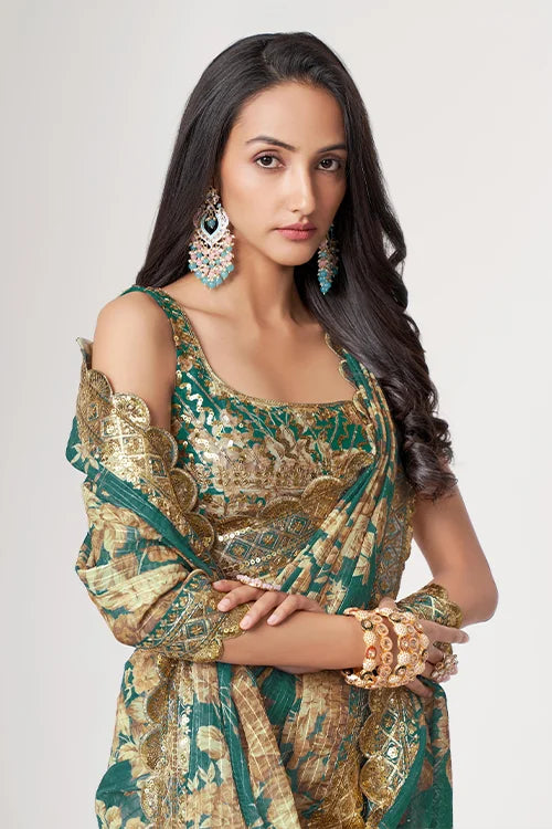 Sequins Embroidery Work Saree Teal Blue Colour