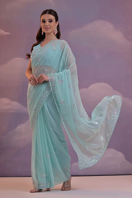 Beautiful C Pallu Embroidery Soft Georgette Saree