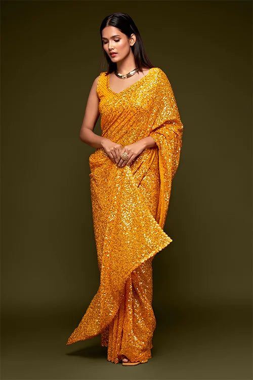 Attractive Honey Yellow Sequins Georgette Festive Wear Saree With Blouse