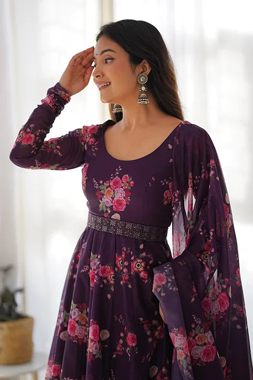 Buy Wine Color Floral Printed Organza Anarkali Suit Online