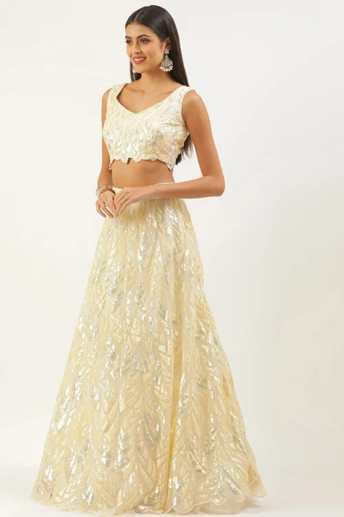 Yellow Soft Net Lehenga Choli with Thread Embroidery