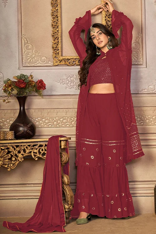 Shrug Style Thread And Sequins Embroidered Sharara Set