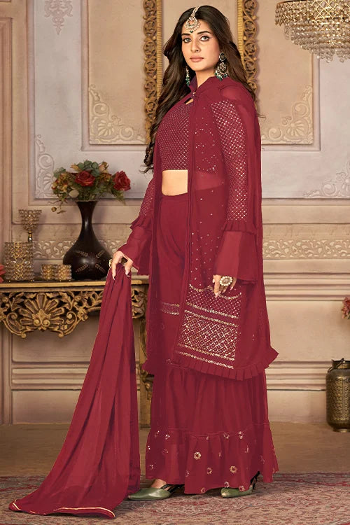Shrug Style Thread And Sequins Embroidered Sharara Set