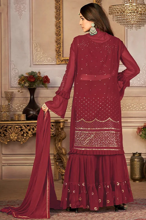 Shrug Style Thread And Sequins Embroidered Sharara Set
