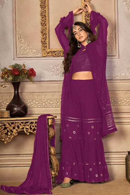 Shrug Style Thread And Sequins Embroidered Sharara Set