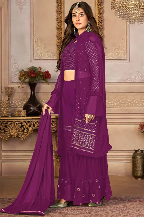 Shrug Style Thread And Sequins Embroidered Sharara Set