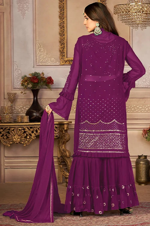 Shrug Style Thread And Sequins Embroidered Sharara Set
