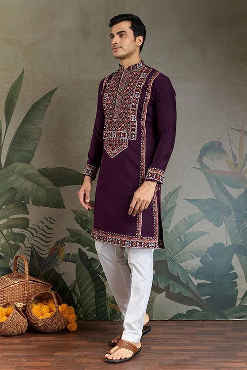 Engagement Special Purple Viscose Silk Outfit Kurta for Men