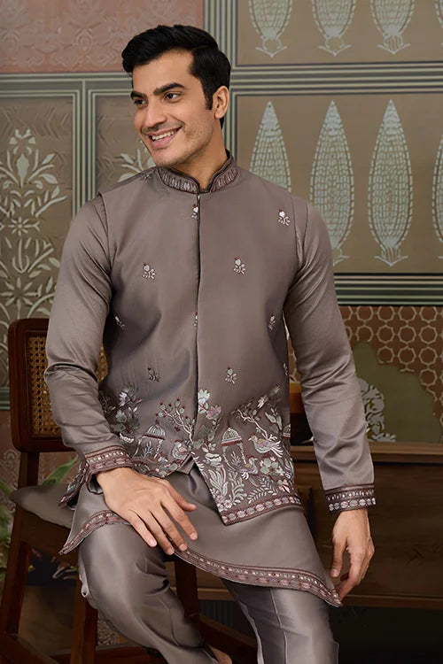 Grey Embroidered Koti Kurta Set for Mens Wear