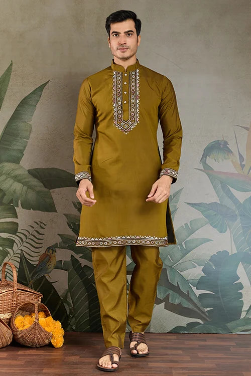Golden Olive Open Koti Style Kurta Pajama Set for Men