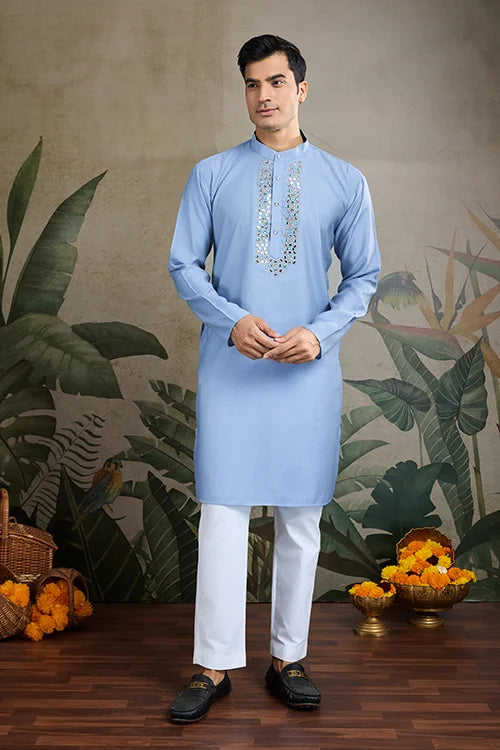Festive Wear Blue Silk Kurta with Jacquard Koti