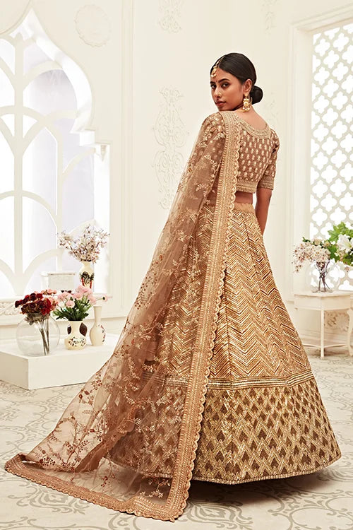 Silk Embroidery work Lehenga Choli With Dupatta Brown Colour