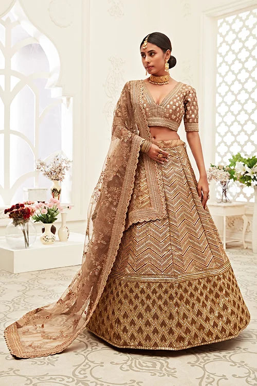 Silk Embroidery work Lehenga Choli With Dupatta Brown Colour