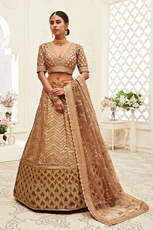 Silk Embroidery work Lehenga Choli With Dupatta Brown Colour