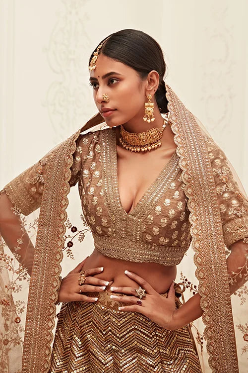 Silk Embroidery work Lehenga Choli With Dupatta Brown Colour