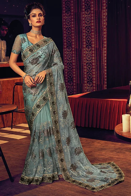 Sky-Blue Designer Wedding Saree With Fancy Pure Silk Blouse