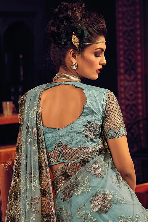 Sky-Blue Designer Wedding Saree With Fancy Pure Silk Blouse