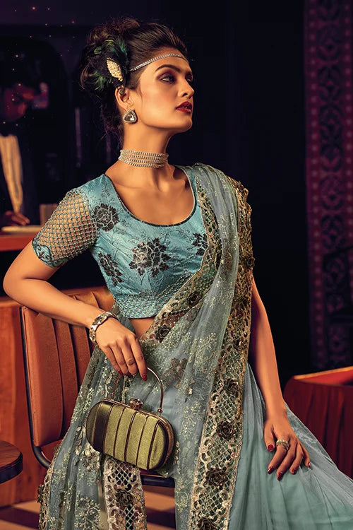 Sky-Blue Designer Wedding Saree With Fancy Pure Silk Blouse