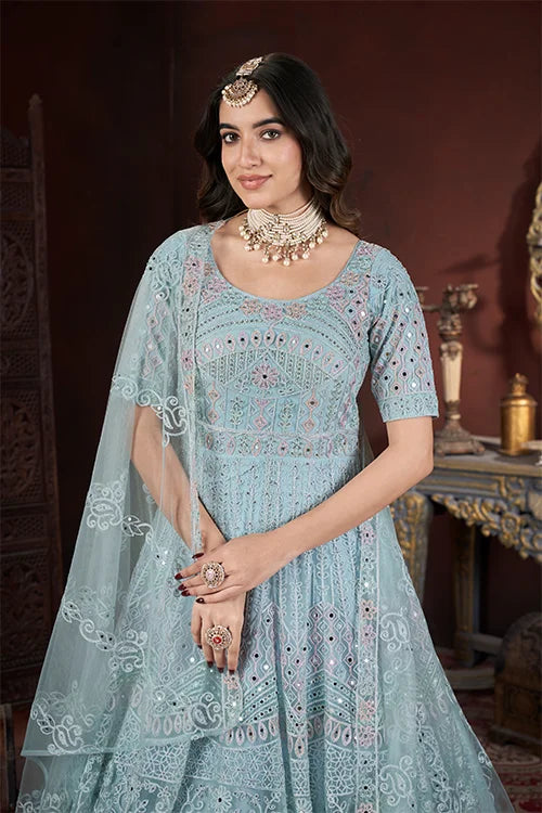 Sky Color Thread Embroidery With Zarkan And Mirror Work Gown
